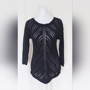 Chelsea & Theodore Size Medium 3/4 Sleeve Crochet Knit Sweater Black